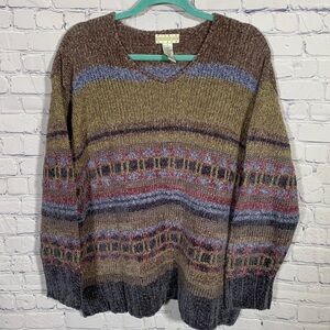 Sigrid Olsen Womens VTG Linen Blend V-Neck Sweater Multi Size L Preppy Fisherman